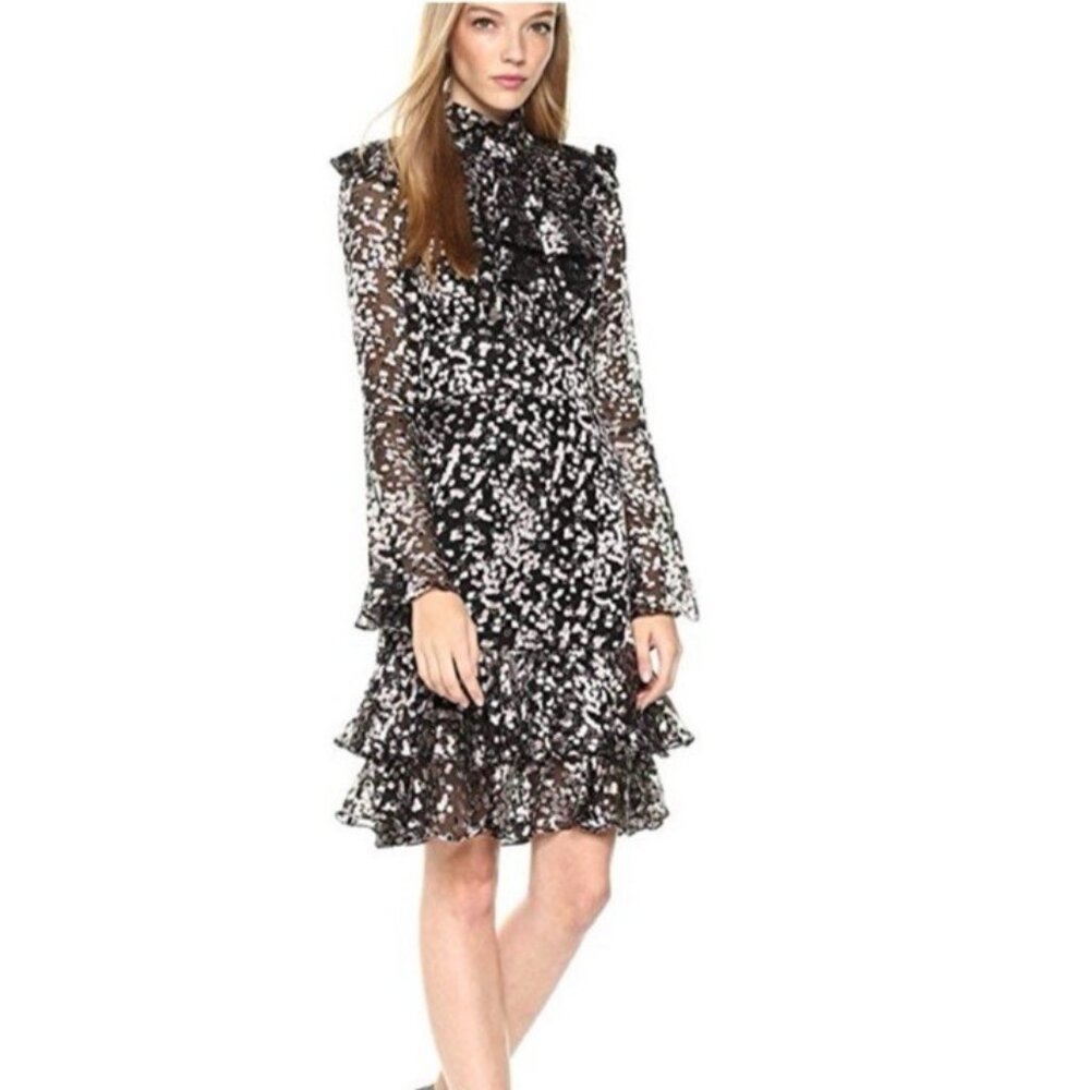 Monique Lhuillier Dress 8 Black Pink Gray Burnout Ruffle Long Sleeve $695